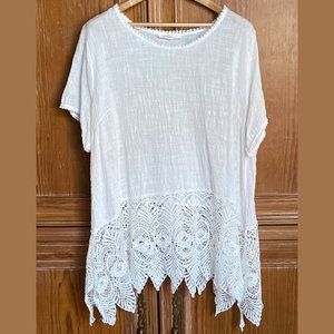 COTTON WHITE SHORT SLEEVE LACE HEM TUNIC - 3X